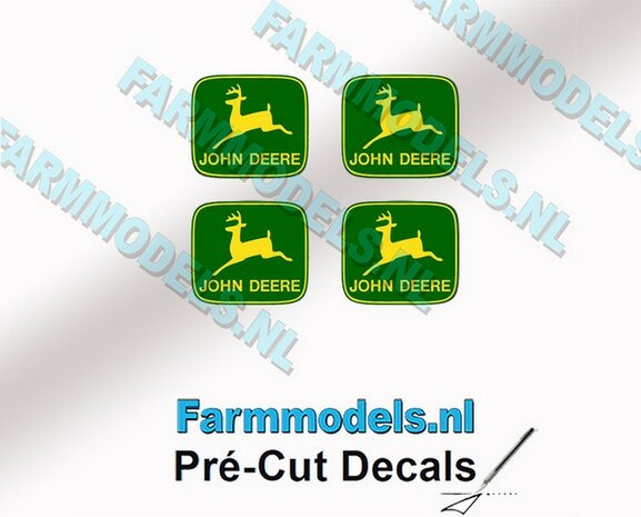 John Deere LOGO (Old) GROEN/ GEEL 4x 5mm hoog stickers met omlaag springend &quot;Hertje&quot; Pr&eacute;-Cut Decals 1:32 Farmmodels.nl 