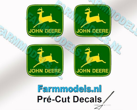 John Deere LOGO (Old) GROEN/ GEEL 4x 6mm hoog stickers met omlaag springend &quot;Hertje&quot; Pr&eacute;-Cut Decals 1:32 Farmmodels.nl 