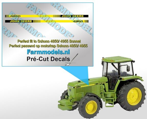 John Deere 4960 type stickers/ Pr&eacute;-Cut Decals voor Schuco JD 4850/ 4955 motorkap 1:32 Farmmodels.nl 