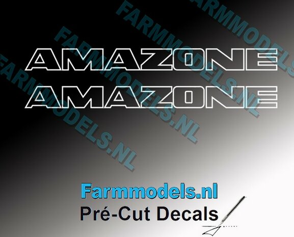 2x AMAZONE alleen WIT CONTOUR op Transparant 10 mm hoog Pr&eacute;-Cut Decals 1:32 Farmmodels.nl 