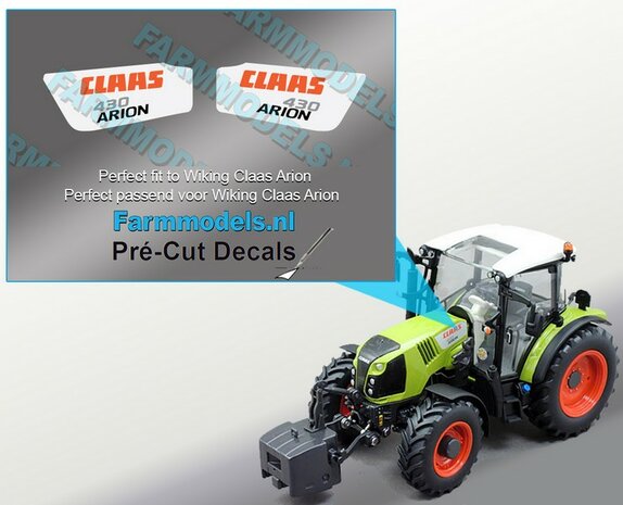 CLAAS ARION 430 type stickers voor CLAAS ARION WIKING motorkap Pr&eacute;-Cut Decals 1:32 Farmmodels.nl 