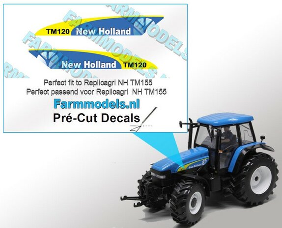 New Holland TM120 type stickers voor NH TM155 Replicagri motorkap Pr&eacute;-Cut Decals 1:32 Farmmodels.nl 