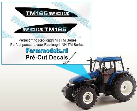 New Holland TM165 type stickers voor o.a. NH TM150 Replicagri motorkap Pr&eacute;-Cut Decals 1:32 Farmmodels.nl 