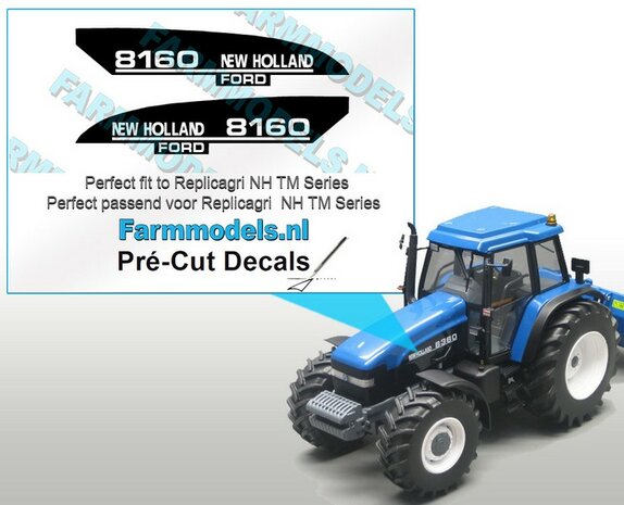 New Holland/ FORD 8160 type stickers voor o.a. NH 8360 Replicagri motorkap Pr&eacute;-Cut Decals 1:32 Farmmodels.nl 