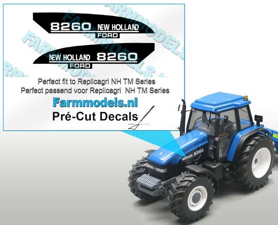 New Holland/ FORD 8260 type stickers voor o.a. NH 8360 Replicagri motorkap Pr&eacute;-Cut Decals 1:32 Farmmodels.nl 