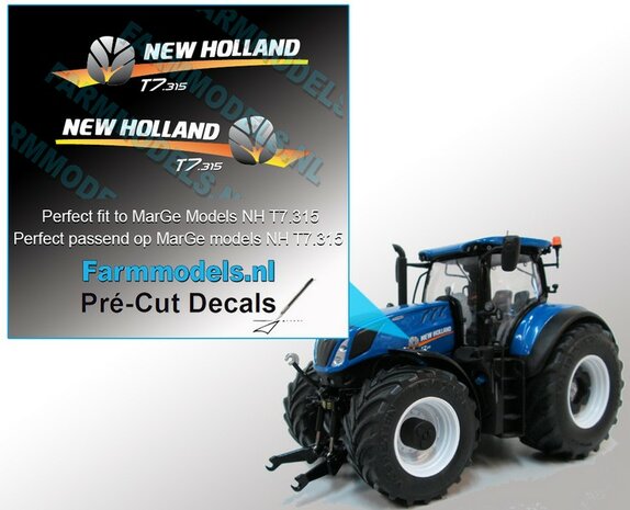 New Holland T7.315 type stickers voor NH T7.315 MarGe models motorkap Pr&eacute;-Cut Decals 1:32 Farmmodels.nl 