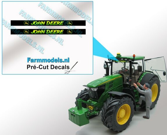 2x JOHN DEERE Sierletter voorruit stickers GEEL/ GROEN op ZWARTE achtergrond 40 mm breed Pr&eacute;-Cut Decals 1:32 Farmmodels.nl 