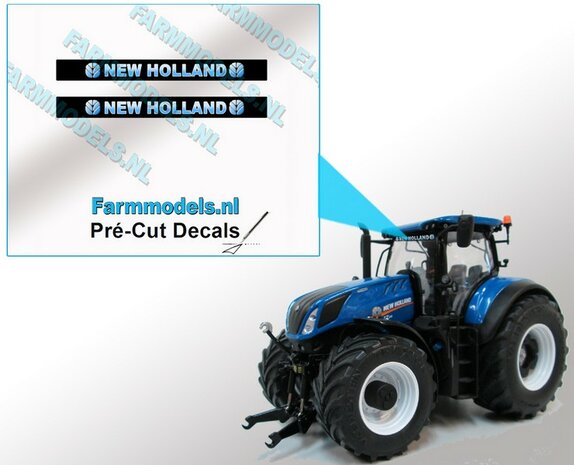2x NEW HOLLAND Blokletter voorruit stickers BLAUW/ WIT op ZWARTE achtergrond 40 mm breed Pr&eacute;-Cut Decals 1:32 Farmmodels.nl 