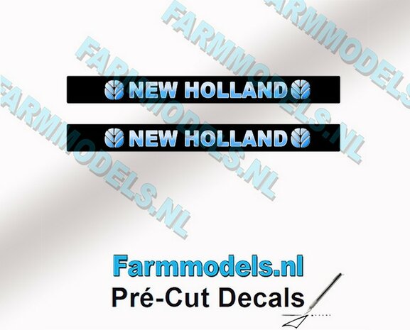 2x NEW HOLLAND Blokletter voorruit stickers BLAUW/ WIT op ZWARTE achtergrond 40 mm breed Pr&eacute;-Cut Decals 1:32 Farmmodels.nl 