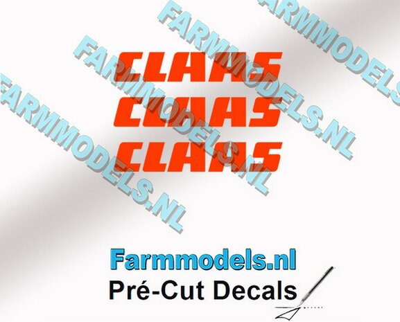 CLAAS stickers ORANJE op transparante folie 3 mm hoog Pr&eacute;-Cut Decals 1:32 Farmmodels.nl 