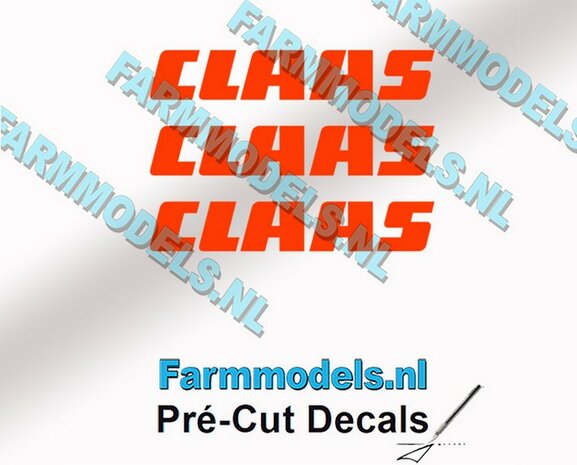 CLAAS stickers ORANJE op transparante folie 4 mm hoog Pr&eacute;-Cut Decals 1:32 Farmmodels.nl 