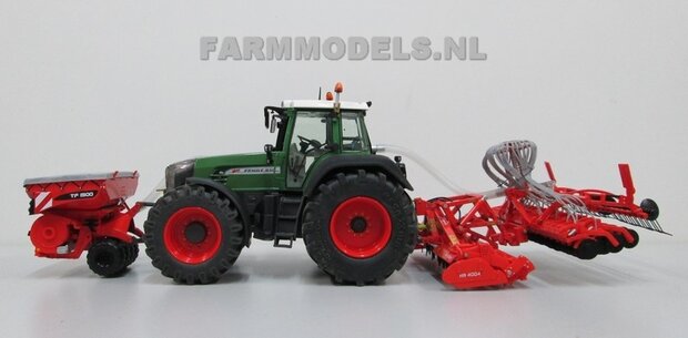 170. Fendt 926 Gen II / 930 Gen. III, rondom op brede banden, spatborden en een zaaicombin van Kuhn