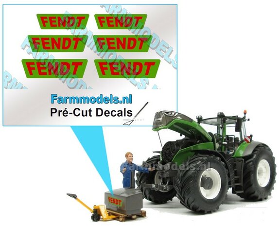 FENDT logo ROOD op NATURE GREEN (nieuwe Fendt) stickers op Transparant Pr&eacute;-Cut Decals 1:32 Farmmodels.nl 