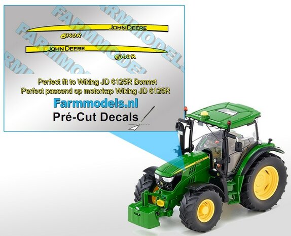 John Deere 6140R type stickers, geschikt voor de John Deere 6125R Wiking/ Pr&eacute;-Cut Decals 1:32 Farmmodels.nl 