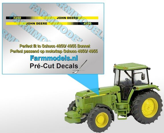 John Deere 4250 type stickers/ Pr&eacute;-Cut Decals voor Schuco JD 4850/ 4955 motorkap 1:32 Farmmodels.nl 