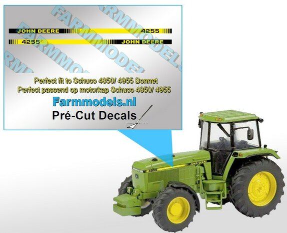 John Deere 4255 type stickers/ Pr&eacute;-Cut Decals voor Schuco JD 4850/ 4955 motorkap 1:32 Farmmodels.nl 