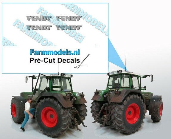 FENDT logo GRIJS met donkere schaduw stickers op Transparant 3mm x 17.5mm  Pr&eacute;-Cut Decals 1:32 Farmmodels.nl 