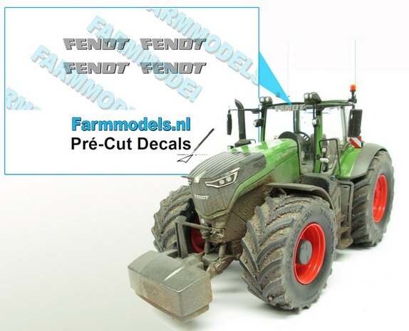 FENDT logo GRIJS met donkere schaduw stickers op Transparant 4mm x 23.3mm  Pr&eacute;-Cut Decals 1:32 Farmmodels.nl 