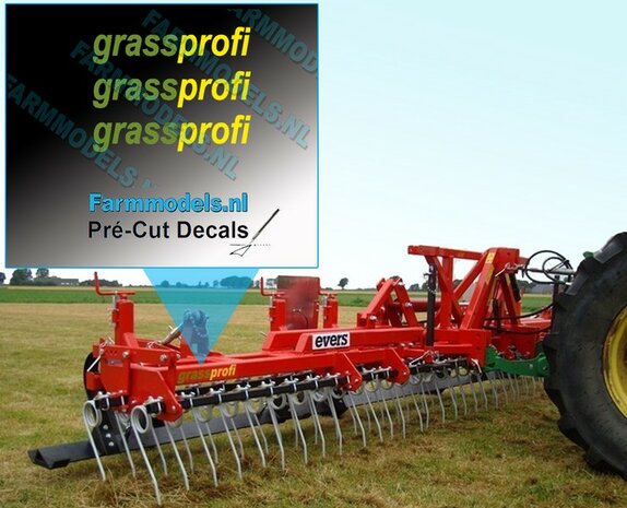 3x grassprofi logo GROEN-GEEL op transparant 2.5 mm hoog Pr&eacute;-Cut Decals 1:32 Farmmodels.nl 