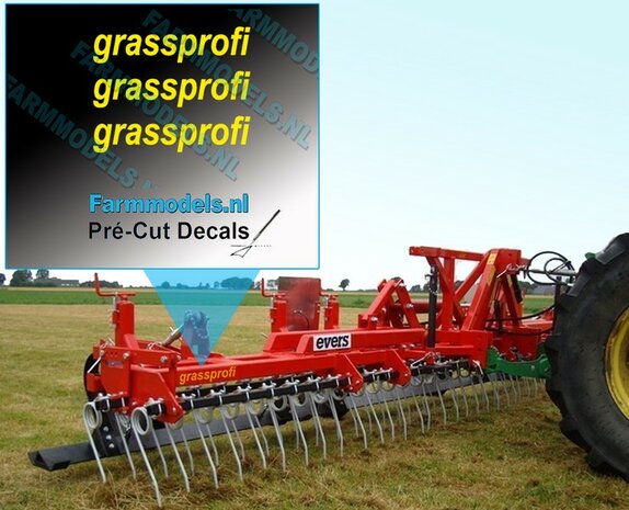 3x grassprofi logo GEEL op transparant 2.5 mm hoog Pr&eacute;-Cut Decals 1:32 Farmmodels.nl 