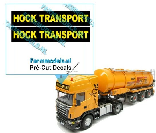 HOCK TRANSPORT CABINERAND STICKERS in GELE Blokletter op ZWARTE achtergrond 52.5 mm breed Pr&eacute;-Cut Decals 1:32 Farmmodels.nl 