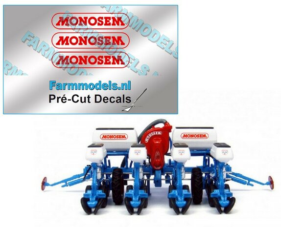 MONOSEM stickers ROOD 18 mm breed op transparante folie  Pr&eacute;-Cut Decals 1:32 Farmmodels.nl 