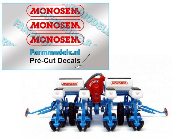 MONOSEM stickers ROOD 22 mm breed op transparante folie  Pr&eacute;-Cut Decals 1:32 Farmmodels.nl 