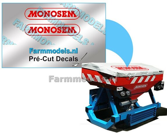 MONOSEM stickers ROOD 30 mm breed op transparante folie  Pr&eacute;-Cut Decals 1:32 Farmmodels.nl 