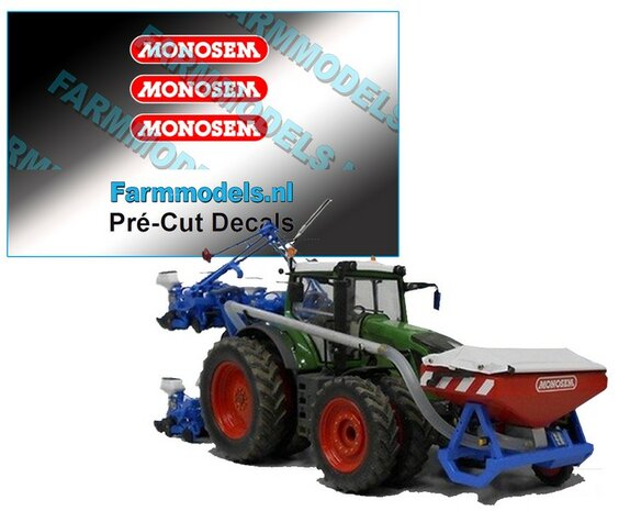 MONOSEM stickers ROOD met WITTE opdruk MONOSEM 22 mm breed op transparante folie  Pr&eacute;-Cut Decals 1:32 Farmmodels.nl 