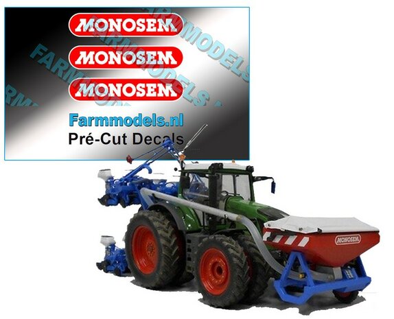 MONOSEM stickers ROOD met WITTE opdruk MONOSEM 25 mm breed op transparante folie  Pr&eacute;-Cut Decals 1:32 Farmmodels.nl 