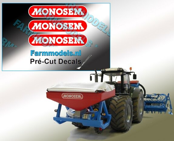 MONOSEM stickers ROOD met WITTE opdruk MONOSEM 30 mm breed op transparante folie  Pr&eacute;-Cut Decals 1:32 Farmmodels.nl 