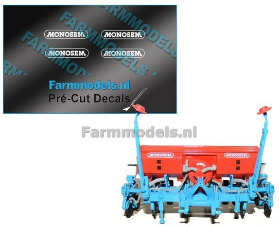 MONOSEM stickers WIT 15 mm breed op transparante folie  Pr&eacute;-Cut Decals 1:32 Farmmodels.nl 