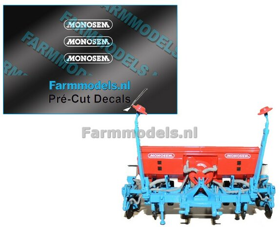 MONOSEM stickers WIT 18 mm breed op transparante folie  Pr&eacute;-Cut Decals 1:32 Farmmodels.nl 