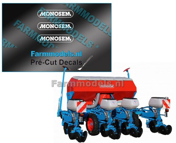 MONOSEM stickers WIT 22 mm breed op transparante folie  Pr&eacute;-Cut Decals 1:32 Farmmodels.nl 