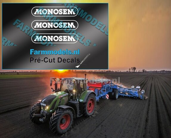 MONOSEM stickers WIT 25 mm breed op transparante folie  Pr&eacute;-Cut Decals 1:32 Farmmodels.nl 