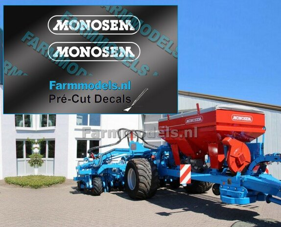MONOSEM stickers WIT 30 mm breed op transparante folie  Pr&eacute;-Cut Decals 1:32 Farmmodels.nl 