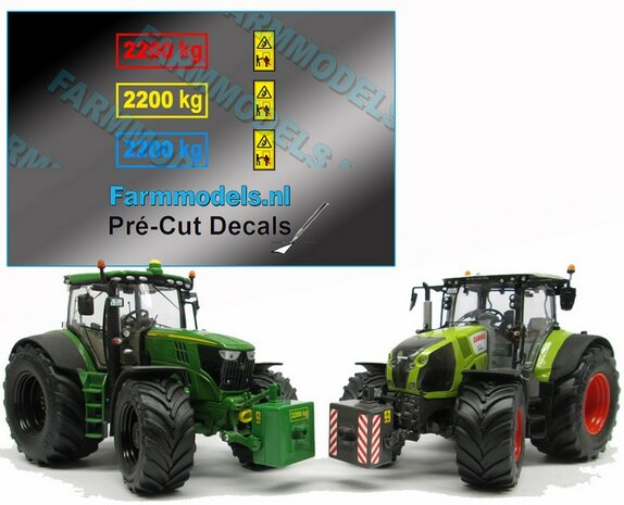 2200 kg in 3 kleuren 12,5 mm breed met 3 gevarenstickers op transparante folie Pr&eacute;-Cut Decals 1:32 Farmmodels.nl 