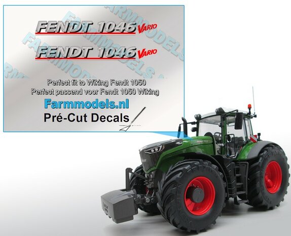 FENDT 1046 Vario logo stickers voor Wiking 1050 model Pr&eacute;-Cut Decals Type logo Pr&eacute;-Cut Decals gemaakt op zilverfolie stickervel 1:32 Farmmodels.nl 