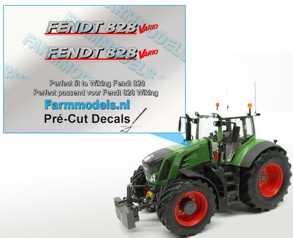 FENDT 828 VARIO Gen. V type + Vario logo stickers voor Wiking 828 model Pr&eacute;-Cut Decals gemaakt op zilverfolie stickers!! 1:32 Farmmodels.nl 