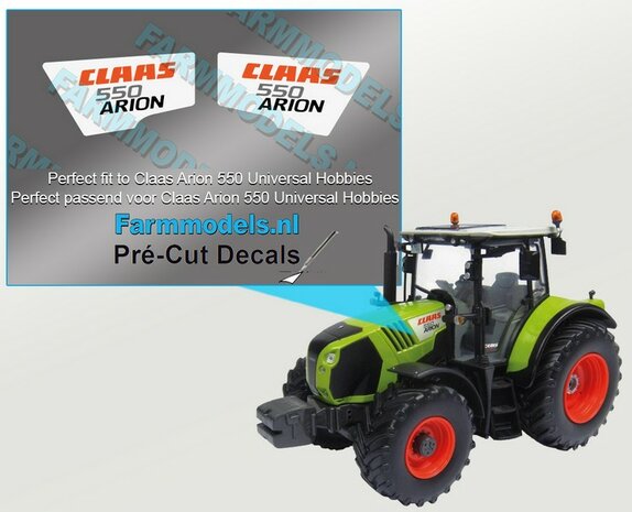 CLAAS ARION 550 type stickers voor Universal Hobbies CLAAS ARION motorkap Pr&eacute;-Cut Decals 1:32 Farmmodels.nl 