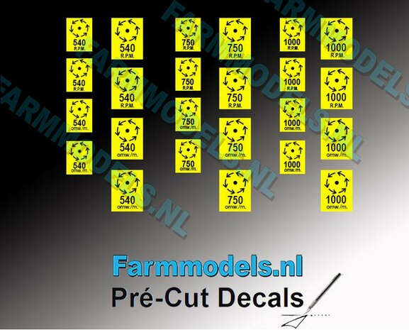 540-750-1000 RPM - Omw./m. Toerental stickers 3x6 mm en 5.5x8.5 mm hoog Pr&eacute;-Cut Decals 1:32 Farmmodels.nl