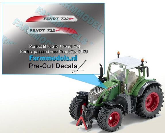 FENDT 722 Vario type + Vario logo stickers voor SIKU Fendt 724 model Pr&eacute;-Cut Decals gemaakt op zilverfolie stickers!! 1:32 Farmmodels.nl 