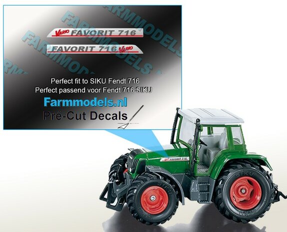 FAVORIT 716 Vario type + Vario logo stickers voor SIKU Fendt FAVORIT 716 model Pr&eacute;-Cut Decals gemaakt op zilverfolie stickers!! 1:32 Farmmodels.nl 