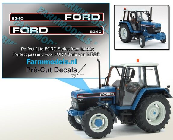 FORD 8340 type logo stickers voor IMBER FORD model Pr&eacute;-Cut Decals 1:32 Farmmodels.nl 