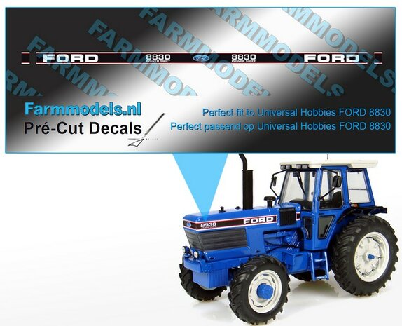 FORD 8830 POWER SHIFT geschikt voor motorkap 8830 Universal Hobbies Pr&eacute;-Cut Decals 1:32 Farmmodels.nl 