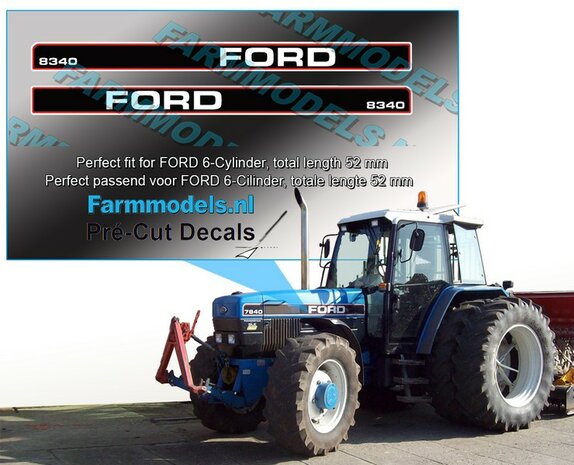 FORD 8340 type logo stickers voor 6 Cilinder FORD model, lengte 52mm Pr&eacute;-Cut Decals 1:32 Farmmodels.nl 