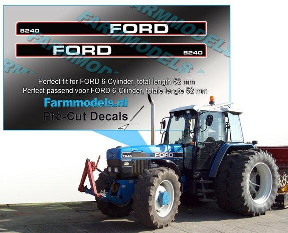 FORD 8240 type logo stickers voor 6 Cilinder FORD model, lengte 52mm Pr&eacute;-Cut Decals 1:32 Farmmodels.nl 