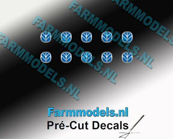 10x NEW HOLLAND EMBLEEM BLAUW/ Zilvergrijs 4x4mm  Pr&eacute;-Cut Decals 1:32 Farmmodels.nl 