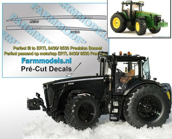 BLACK versie John Deere 8230 V1 type stickers, geschikt voor de ERTL Precision John Deere 8430/ 8530 / Pr&eacute;-Cut Decals 1:32 Farmmodels.nl 