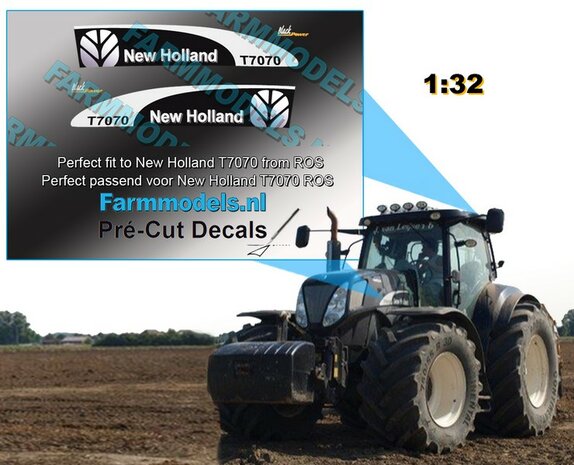 New Holland T7070 + Black Power Logo type stickers voor de motorkap en cabinerand van NH T7070 van ROS  Pr&eacute;-Cut Decals 1:32 Farmmodels.nl 